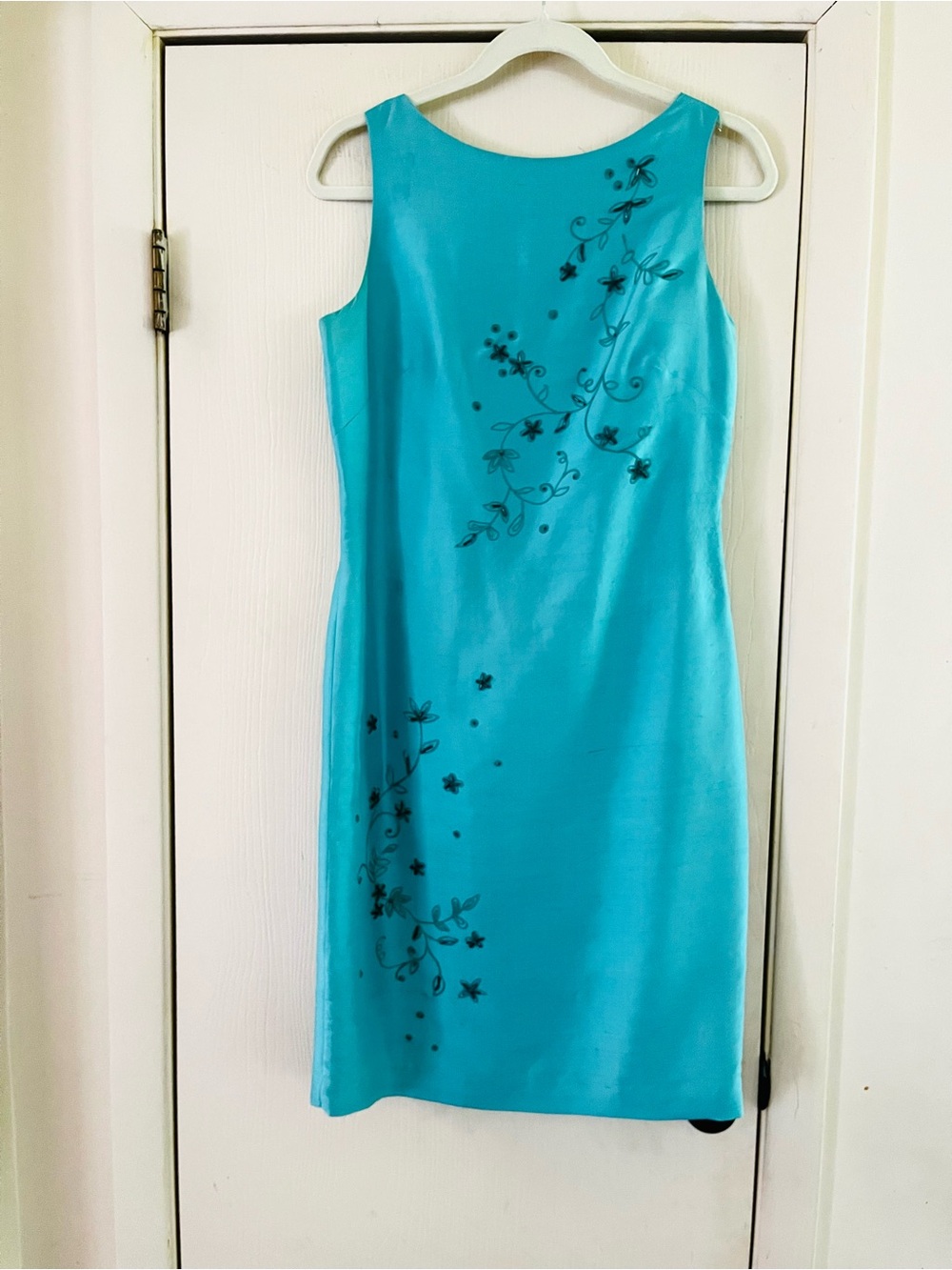 VTG 90s Y2K Girlhoodcore Raw Silk Beaded Turquoise Feminine Pencil Dress 4